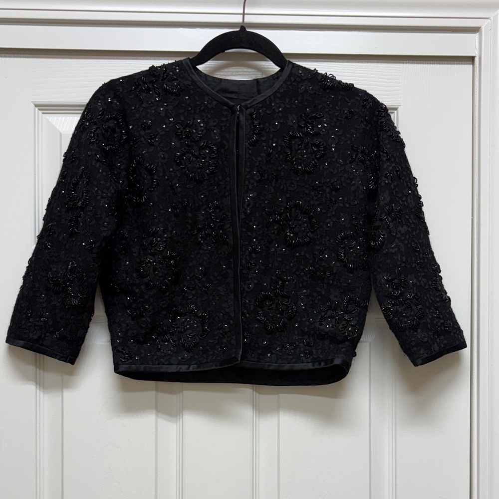 Black Cashmere Sweater with Lace and Bead Details